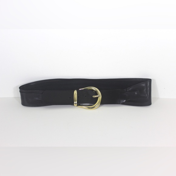 1980’s Wide Black Leather Belt with Big Gold Buckle - Picture 3 of 6